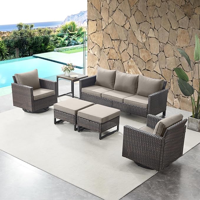 HUMMUH Outdoor Ottomans for Patio Set of 2 PE Wicker Outdoor Footstool with Removable Weather-Resistant Cushions for Patio, Backyard