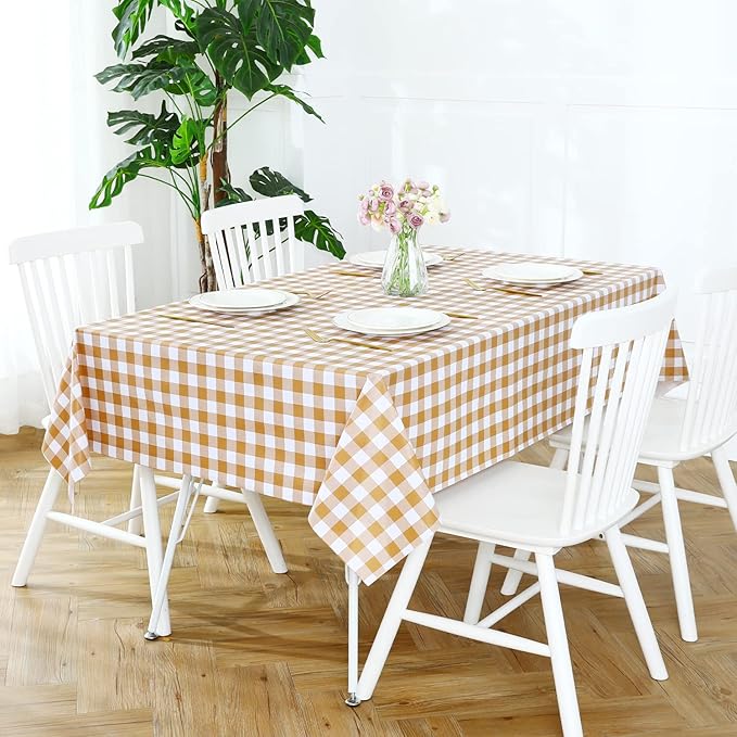 Romanstile Rectangle Vinyl Tablecloth, 100% Waterproof Buffalo Gingham Plastic Table Cloth, Heavy Duty Wipeable Checkered Table Covers for Outdoor, Camping, Picnic, Patio - 52 x 70, Coffee and White