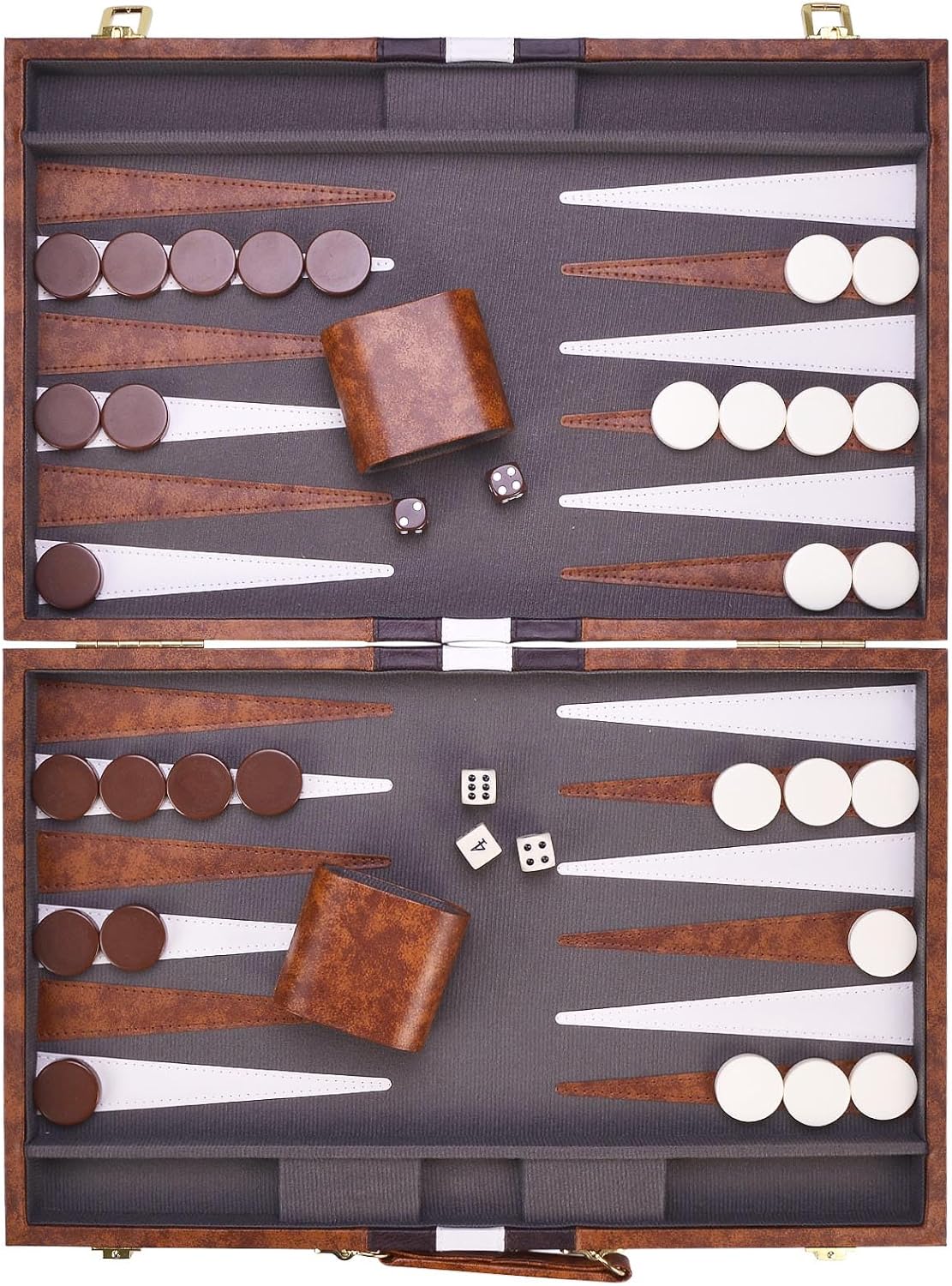AMEROUS Backgammon Set, 18 Inches Classic Board Game withLeather Case, Folding Board, Gift Package, Portable Travel Strategy Backgammon Game Set for Adults, Kids (Large, Brown)