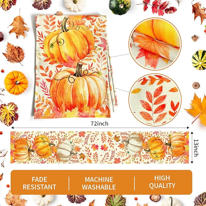 Pumpkin Fall Table Runner, Maple Leaf Autumn Thanksgiving Kitchen Table Decorations for Home Party Decor 13×72 Inches