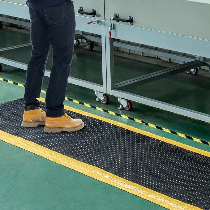 3' x 12' ESD Anti-Fatigue Conductive Mat, Durable Heavy Duty Diamond Plate, Soft Sponge Ergonomic Mat, Non Slip Waterproof Floor Mats for Commercial&Industrial Work Thick 3/4” Black with Yellow Border