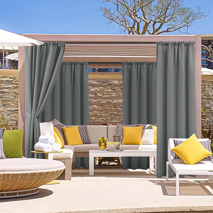 HolidayIdeas Outdoor Patio Curtains Waterproof with Rod Pocket 8 Pcs 54x95 Inch- Protect Privacy & Weatherproof Balcony Outdoor Curtains for Apartments,Porch, Gazebo, Sliding Glass Door, Grey