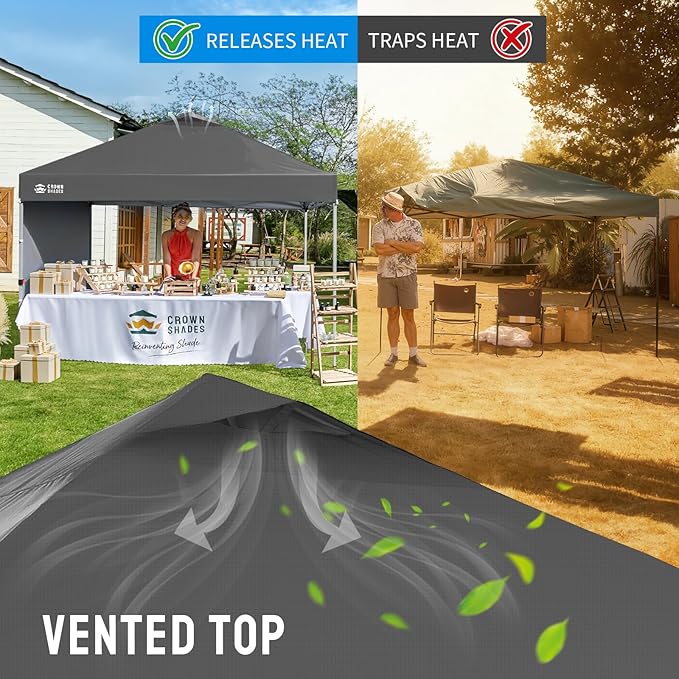 CROWN SHADES 12x12 Pop Up Canopy Tent Instant Commercial with 150D Silver Coated Fabric Including 1 Removable Sidewall, 4 Ropes, 8 Stakes, Weight Bags, STO 'N Go Bag, Grid Grey