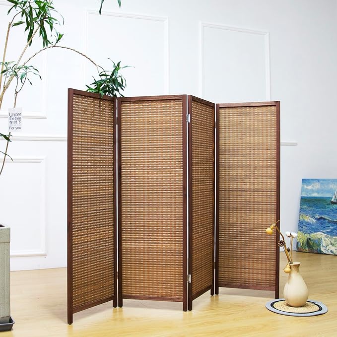 4 Panel Short Room Divider Screen,Brown Freestanding Partition,Small Bamboo Panel Divider for Room Seperation,3.95 FT Tall