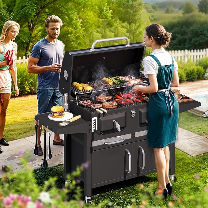 MELLCOM Charcoal Grills, 36 In Large BBQ Grill with Storage Cabinet, 620 Sq.In Oversized BBQ Area, Individual Lifting Charcoal Trays, Foldable Side Tables and Thermometer for Patio, Outdoor, Balcony