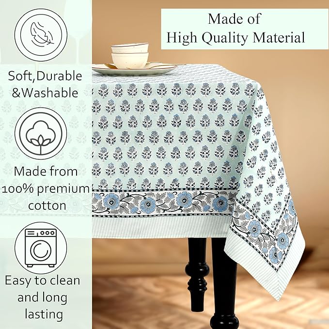 CPC Tablecloth 100% Cotton 70x108 Inch Indian Block Print Rectangle Table Cover, Washable Table Cloth for Weddings, Spring/Summer, Barbeque - Poppy Blue