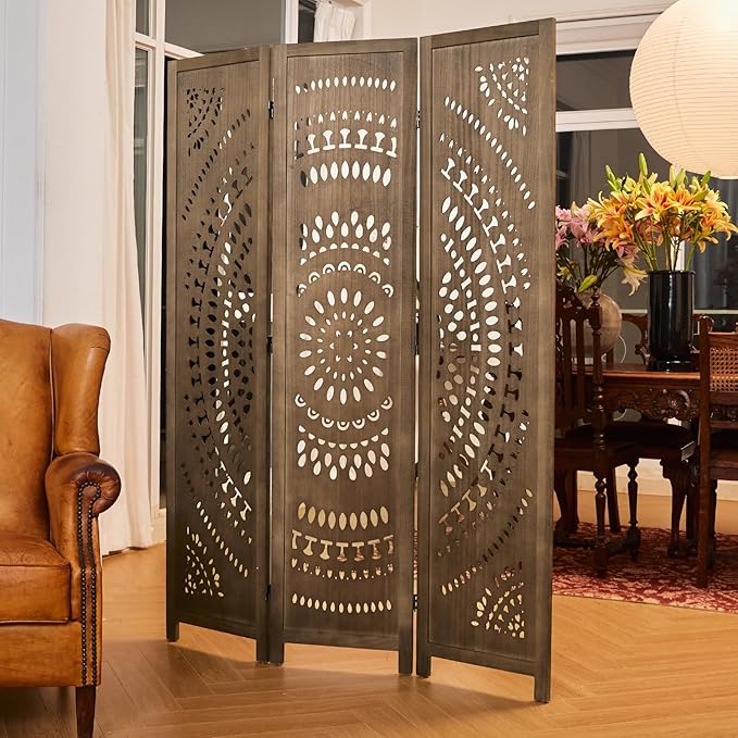 Room Divider Wood Carved Wall Divider Indoor Folding Bohemian Style Portable Partition Screen for Home Office Garden Terrace - 3 Panels (Brown)