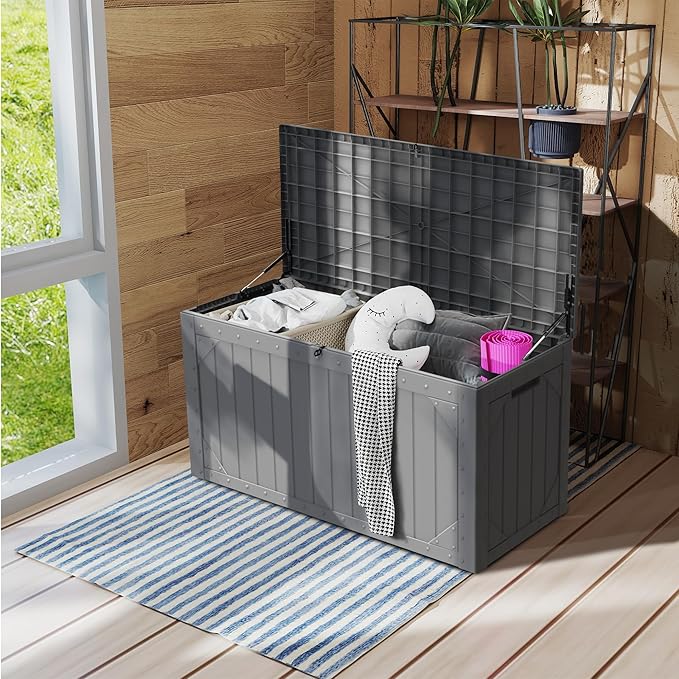 100 Gallon Resin Deck Box, Waterproof Outdoor Storage Box for Patio Furniture, Garden Tools, and Pool Accessories, Lockable UV-Resistant Storage Bin Bench Cabinet for Outside, Grey