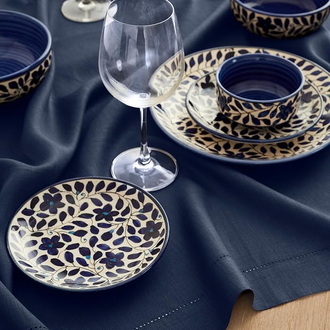 Solino Home Linen Table Runner 120 Inches Long - Classic Hemstitch 100% Pure Linen Navy Blue Dining Table Runner 16 x 120 Inch for Easter, Winter