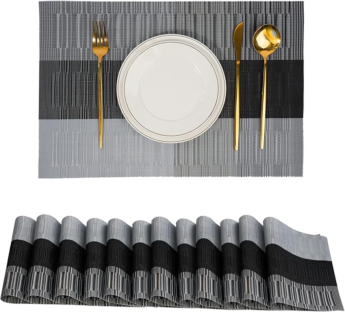 Placemats Set of 12，Non-Slip PVC Weave Table Mats Easy to Clean，Heat Resistant Place Mats for Kitchen Dining Table Decoration Indoor Outdoor，Black Gray