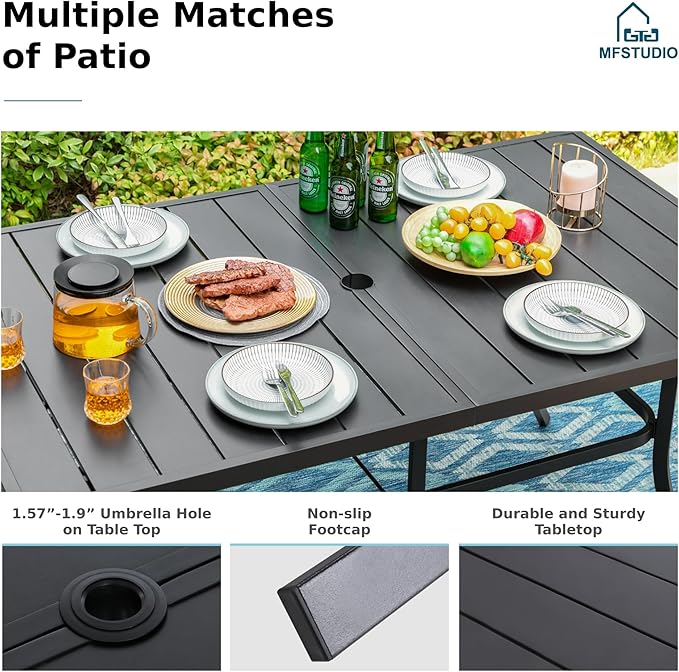 MFSTUDIO Outdoor Patio Dining Table for 6, Rectangle Weather Resistant Metal Patio Table with Adjustable Umbrella Hole, Black