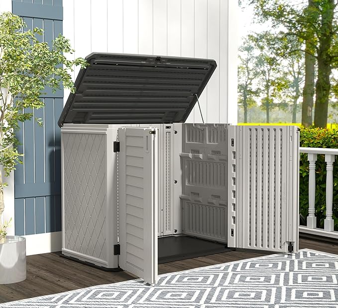 HOMSPARK Storage Shed Weather Resistance, Multi-Purpose Outdoor Storage Cabinet for Backyards and Patios, Horizontal Storage Shed for Lawnmower, Patio Accessories (White 1, Large - 26 cu.ft)