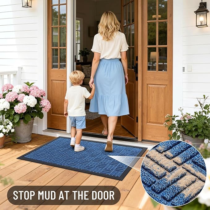 OLANLY Front Door Mat Outside Entrance 59x23, Absorbent, Heavy Duty Sturdy Natural Rubber Doormat Indoor Outdoor, Non-Slip, Stain and Fade Resistant, Low Profile Floor Mat for Entryway, Ocean Blue