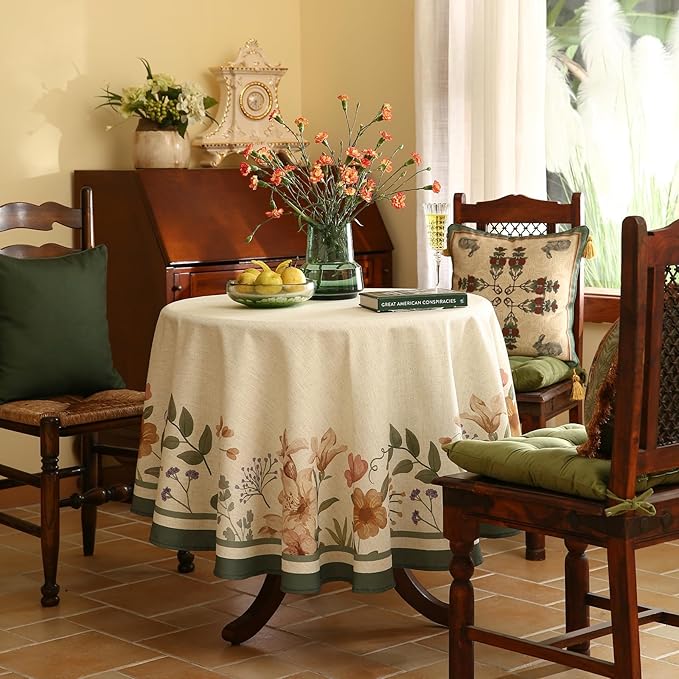 Designer Vintage French Small Round Tablecloth,Linen Shabby Chic Floral Colorfast Table Cloth,Decor Table Cover for Kitchen,Dining,Tea Party,Home,Christmas,Diameter 55"-Manolya