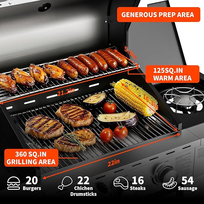 3-Burner Propane Gas BBQ Grill with Side Burner, 40,000 BTU Stainless Steel Propane Grill with Wheels and Storage,Outdoor Cooking Grill for Barbecue, Patio and Camping
