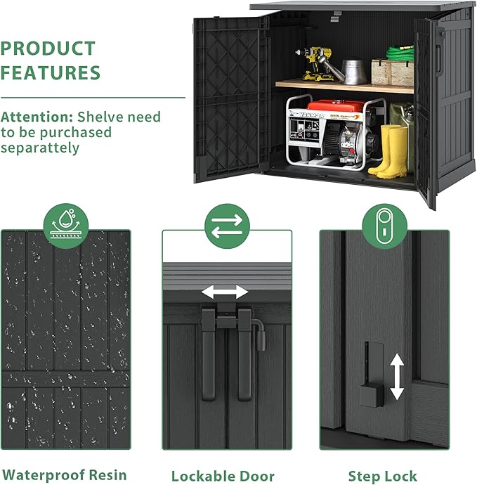 Outdoor Horizontal Resin Storage Shed,Portable Outdoor Storage Cabinet 36 Cu Ft with Lockable Doors -Waterproof Storage Box for Backyards,Easy to Assemble Black