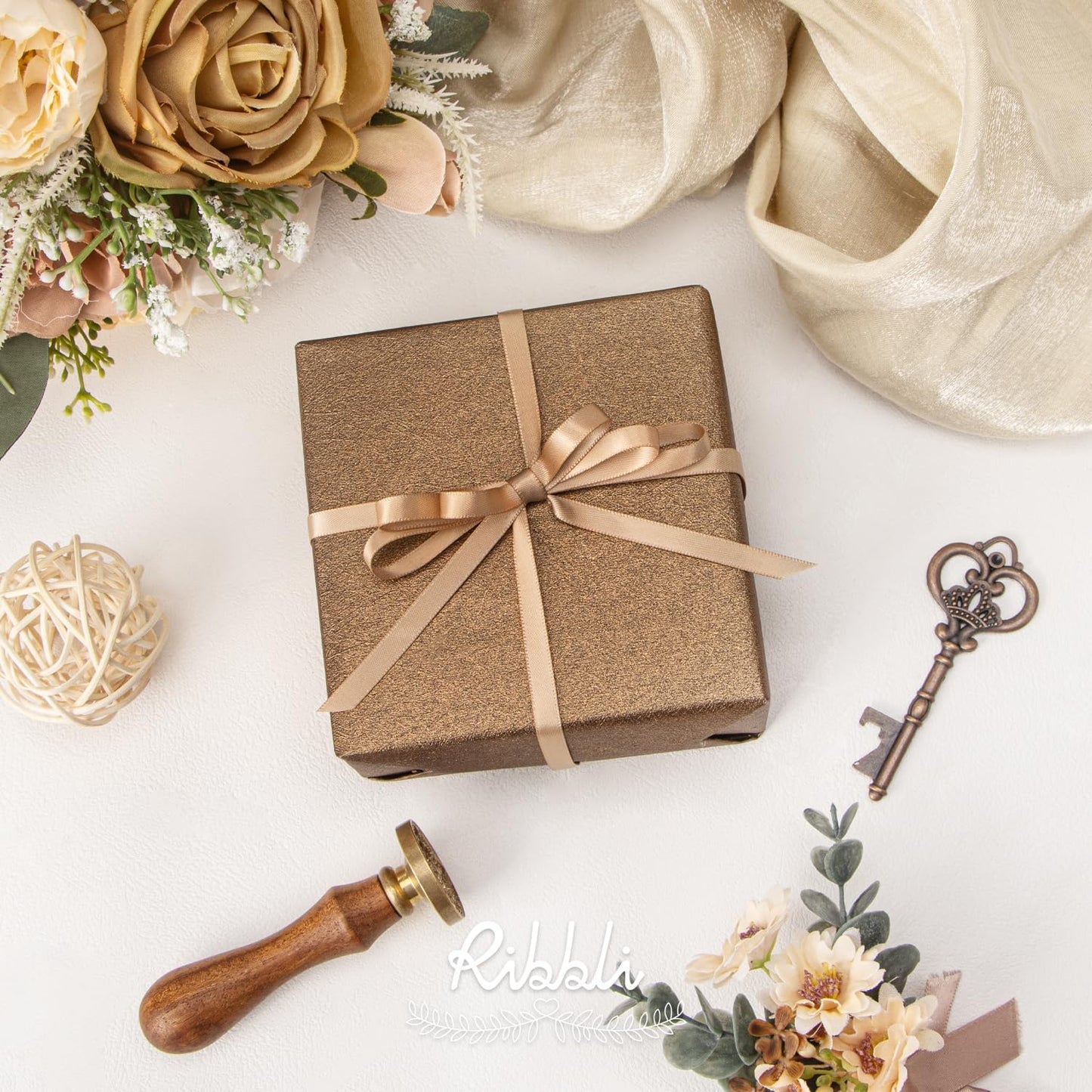 Ribbli Tan Satin Ribbon,Double Faced Satin 1/4 inch x Continuous 50 Yards,Champagne Ribbon Use for Bows Bouquet,Gift Wrapping,Wedding Decoration,Floral Arrangement