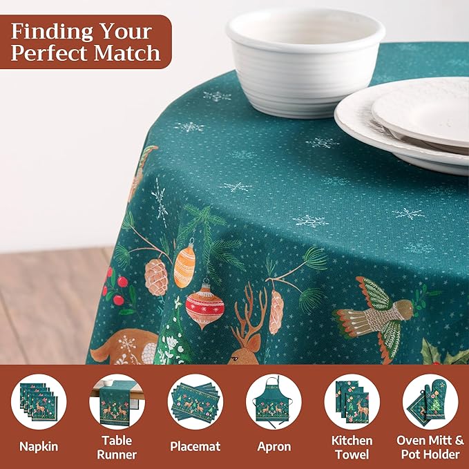 Maison d' Hermine Table Cloth Round Table 100% Cotton 69 Inches Fall Tablecloth Reusable Everyday Use for Thanksgiving Christmas Decorations Dining Farmhouse Party (Hygge Christmas)