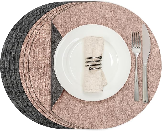 Myir JUN Round Placemats Dual Sided, Faux Leather Place Mats Set of 4 Indoor Placemats for Dining Table Outdoor Placemats Non-Slip Washable Table Mats (Set of 8, Gray Pink)