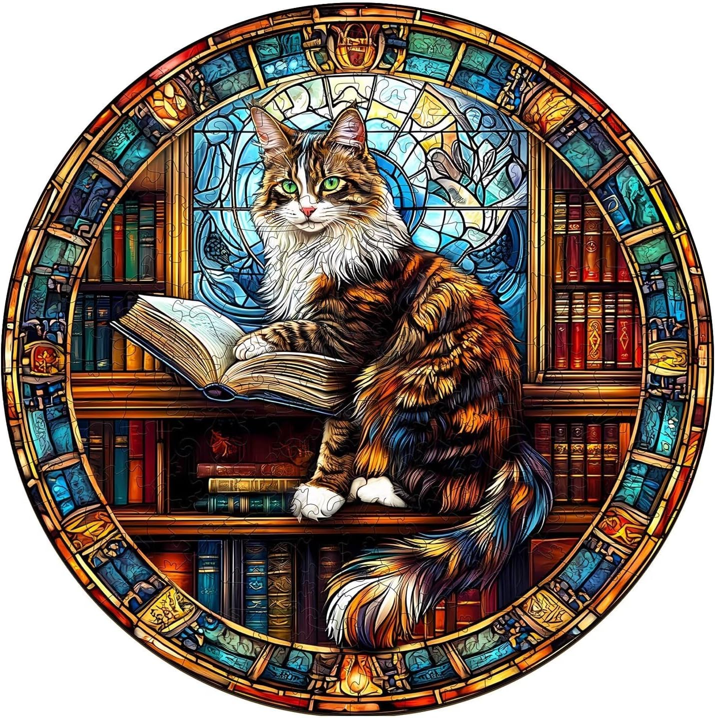 Wooden Puzzles Adults, Maine Cat Library Wooden Puzzles 100 Pieces, Unique Animal Shaped Wood Challenging Jigsaw Puzzles Gifts for Adults, 8.5x8.5in