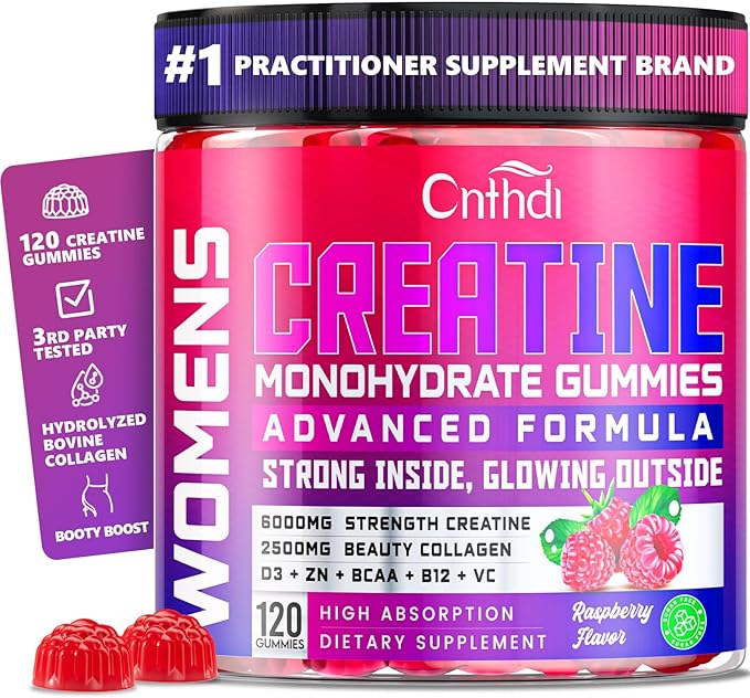 Creatine Monohydrate Gummies 6000MG Pre-Workout for Women, Creatine Gummies with Collagen, BCAA 2:1:1, Zinc & Taurine for Muscle Support, Enhance Strength & Booty, Gluten-Free, 120 Counts