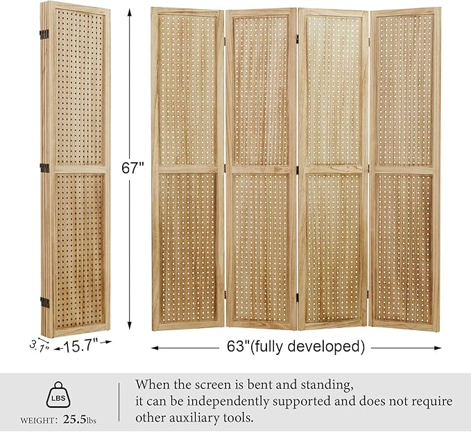 Pegboard Display, 5.6Ft Wooden Room Divider Folding Privacy Screens Portable Freestanding Wall Organizer for Retail Craft Art Display Board (4panels, Natural)