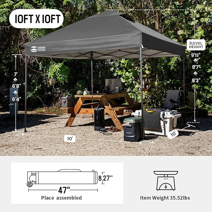 CROWN SHADES 10x10 Pop Up Canopy Tent - Patented Center Lock One Push Instant Outdoor Canopy Beach Tent with STO-N-Go Bag 8 Stakes & 4 Sand Bags，Grid Grey