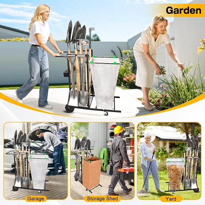 CAROD Mobile Trash Bag Holder and Tools Organizer Cart 2-in-1, Metal Cleaning Carts on 360° Wheels, Convenient Leaf Bag Holder Cleaning Cart for Leaves, Snow, Indoor-to-Outdoor Maintenance