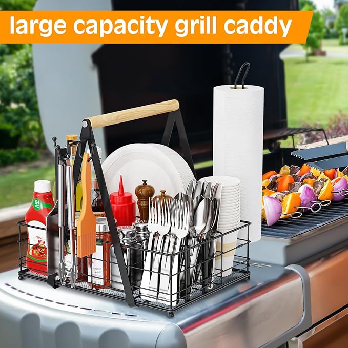 Grill Caddy with Paper Towel Holder, Picnic BBQ Condiment Utensil Organizer Caddy for Camping, Rv, Camping Accessories, Camping Essential, Camper Must Haves, Barbecue Tool Sets