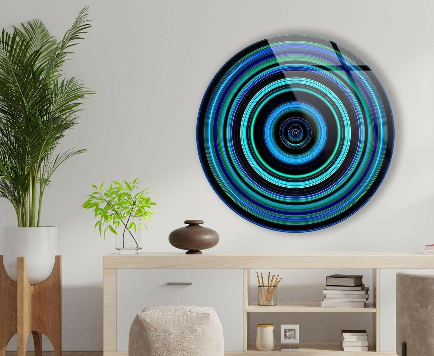 My Photostation.com 39,4''(100cm) Diameter Blue and Green Round Glass Wall Art Tempered Glass Printing Wall Decor Large Wall Art Wall Hangings