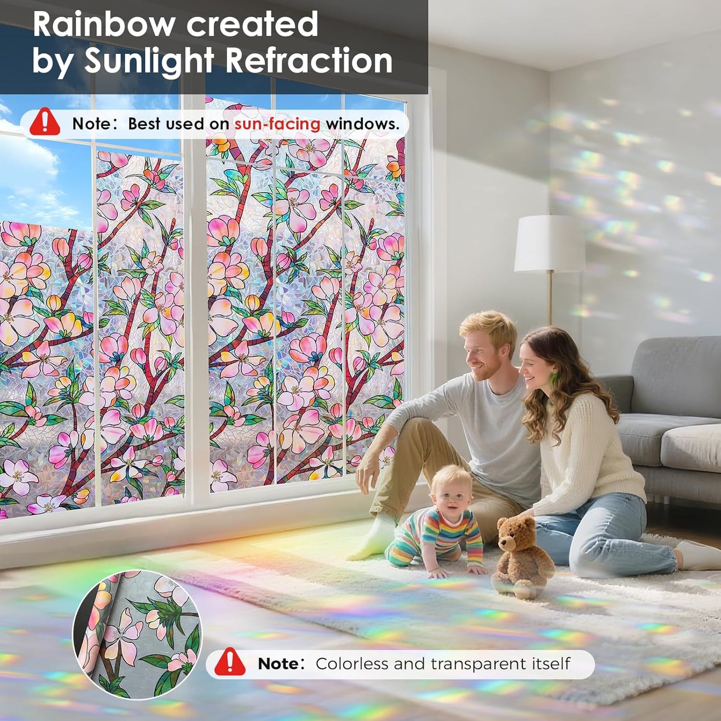 Window Privacy Film Rainbow Film Stained Glass 3D Static Cling Decorative Window Sticker for Bathroom,Front Door,Home Heat Control UV Blocking Non Adhesive,Peach Blossom 23.6 x 78.7inches