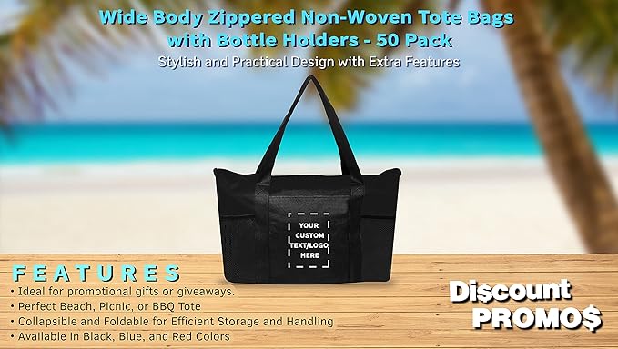 DISCOUNT PROMOS 50 Zippered Non-Woven Tote Bags Set - Customizable Text, Logo - Mesh Pocket, Zippered, Recyclable, Reusable - Black - 19"X14"X3", with Zipper