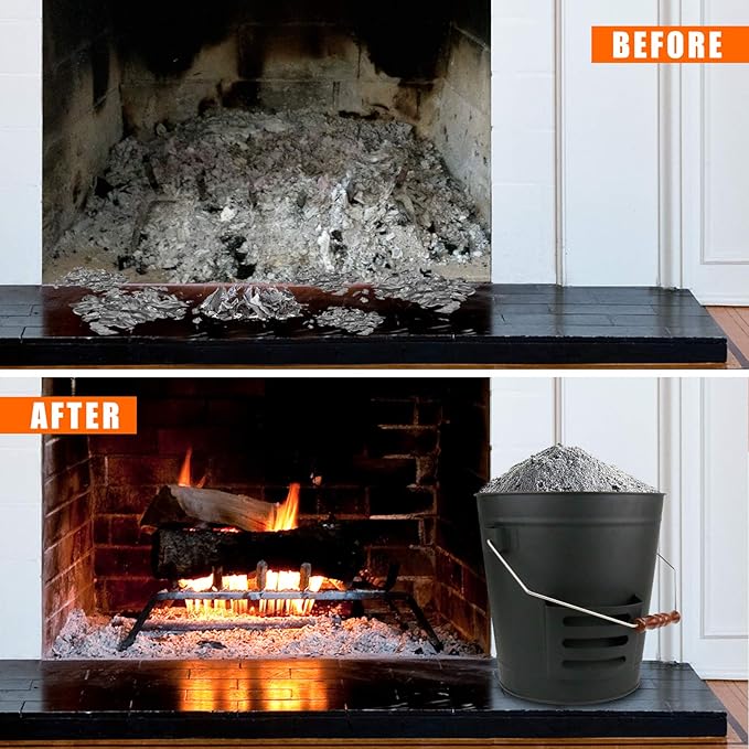 Grisun Ash Bucket with Lid, Shovel and Hand Broom, 5.2 Gallon Coal Bucket for Fireplace, Charcoal Wood Fire Pits, Burning Stoves, Large Pail Pellet Metal Buckets Ash Can, for Indoor and Outdoor
