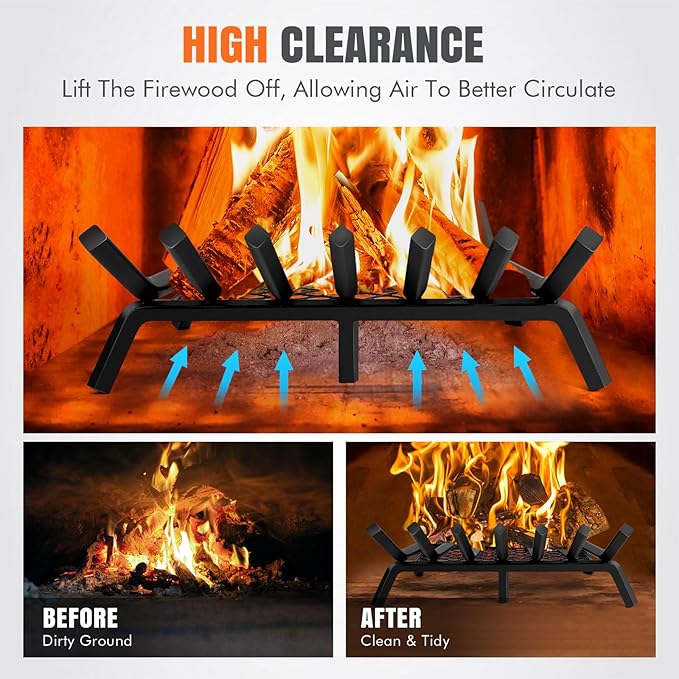 Fireplace Grates with Ember Retainer- 21 Inch Fireplace Log Grate Heavy Duty Solid Steel 7-Bars, Fire Grate, Inside Wrought Cast Iron Wood Stove Pit for Indoor Outdoor Chimney Hearth