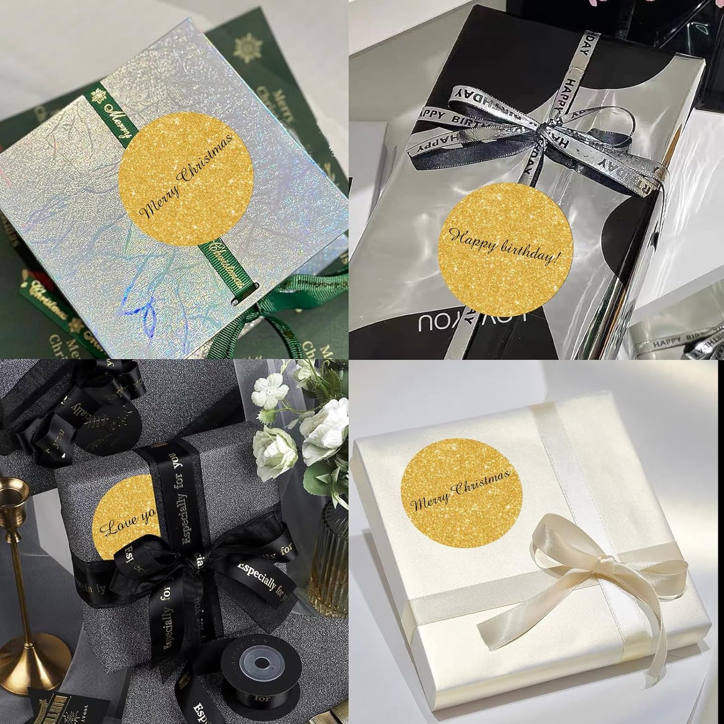 3" Holographic Direct Thermal Label Stickers, Round Printable Rainbow Glitter Thermal Printer Sticker Labels for Gift Wrapping, Self-Adhesive DIY Custom Logo Design- Shiny Gold