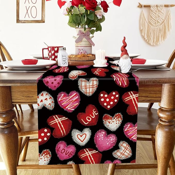 Valentines Day Decorations Table Runner Love Hearts Black Kitchen Dining Table Decor Holiday Anniversary Indoor Outdoor Party Suppies 72×13 Inch