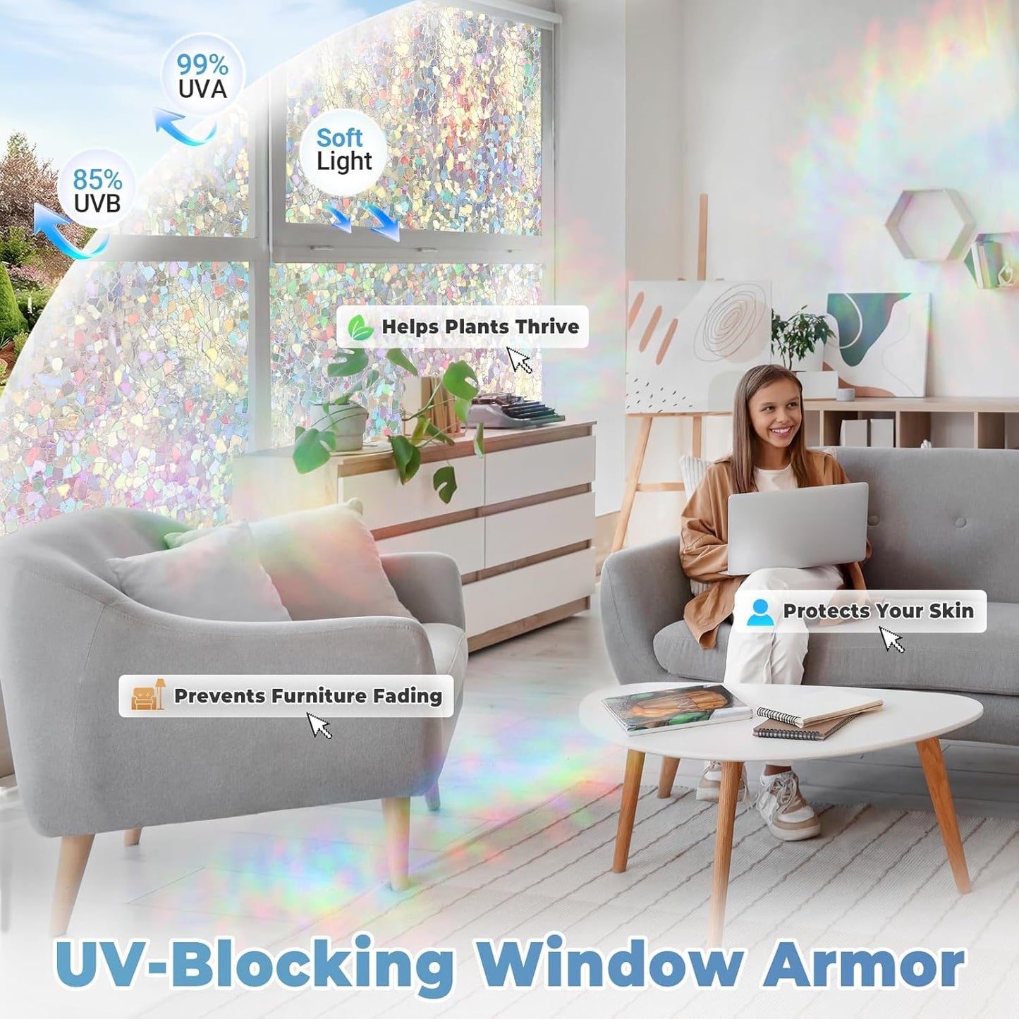 DOWELL Window Privacy Film Rainbow Film, Stained Glass Decorative Sticker, Static Cling Non-Adhesive Glass Clings, Sun Blocking Heat Control Window Coverings for Home Door, 23.6" x 78.7"