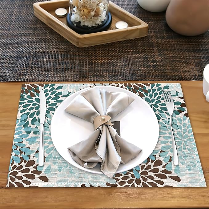Blue Gray Dahlia Placemats Set of 6,Geometric Flowers Heat Resistant Table Mats Washable Place Mats for Party Kitchen Farmhouse Home Dining Holiday Decor 12x18 Inch