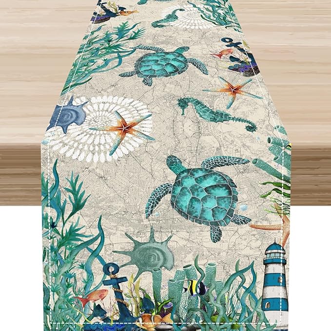 Sea Turtle Table Runner, Summer Coastal Starfish Seahorse Seashells Coastal Nautical Tropical Ocean Rustic Farmhouse Table Center Decor for Home Kitchen Dining Patio Indoor Outdoor, 13"x72" Inch