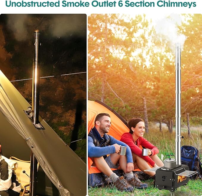 Wood Burning Stove, Hot Tent Stove, Folding Portable Wood Stove for Tent, Cooking, Hiking, Camping Wood Stove Includes Six Chimney Pipes and View Glass, Black