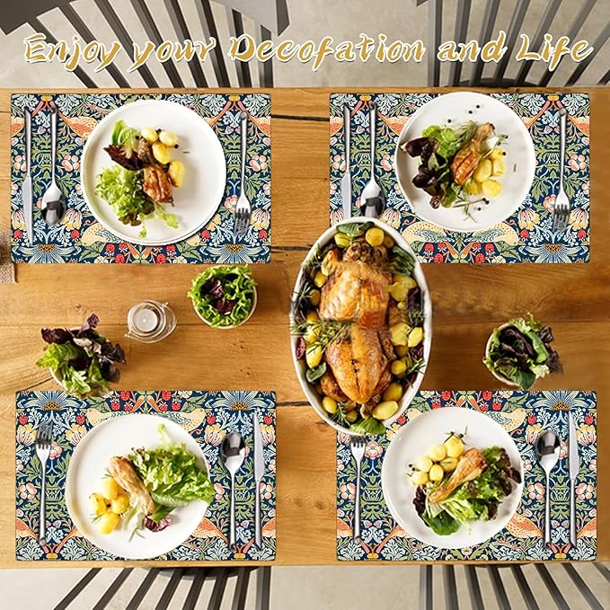 William Morris Strawberry Thief Placemats - Placemats set of 4 Faux Leather Heat Resistant for Dinner Table, Non-Slip Waterproof Oil-Proof Washable Reusable Placemat for Indoor Outdoor Kitchen