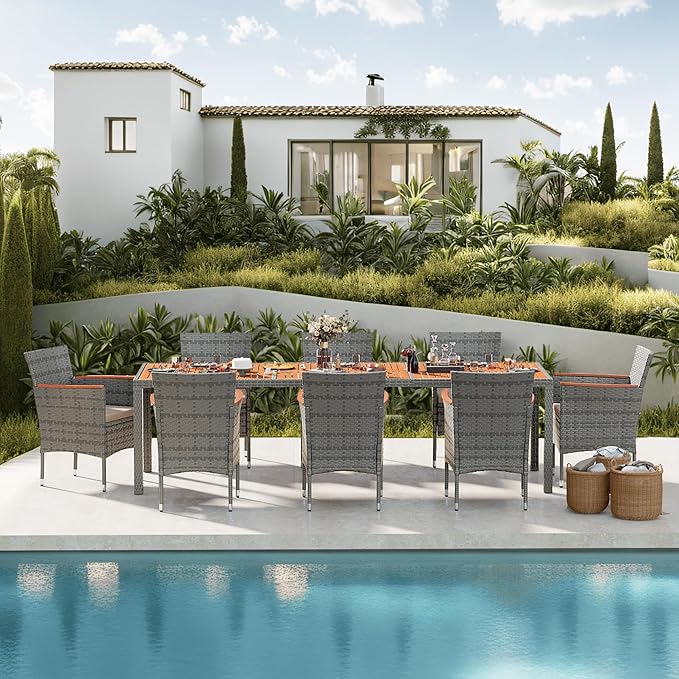 Devoko Outdoor Patio Dining Sets 9 Pieces Wicker Outdoor Dining Table and Chairs Set with Acacia Wood Table Top and Widened Armrests for Backyard, Garden, Deck (Grey)