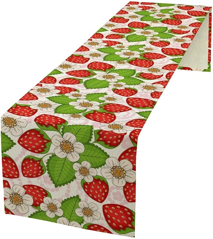 Spring Strawberry Table Runner, Floral Strawberries Flowers Leaf Season Inspirational Design Table Runner for Kitchen Dining Party Holiday Home 13x70in