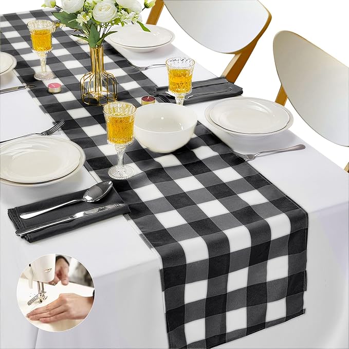 Fabric Checkered Table Runner 12 Pack Waterproof Gingham Table Runner 14W x 108L Buffalo Check Table Runners for Parties Kitchen Dining Wedding Banquet (Black and White)