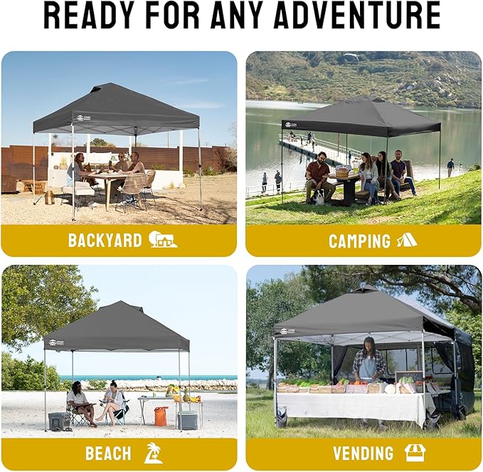 CROWN SHADES 10x10 Pop Up Canopy - Beach Tent with One Push Setup - Easy Outdoor Sun Shade Shelter for Events, Parties - Gazebo with STO-N-Go Cover Bag, Silver Coated Top,Light Gray