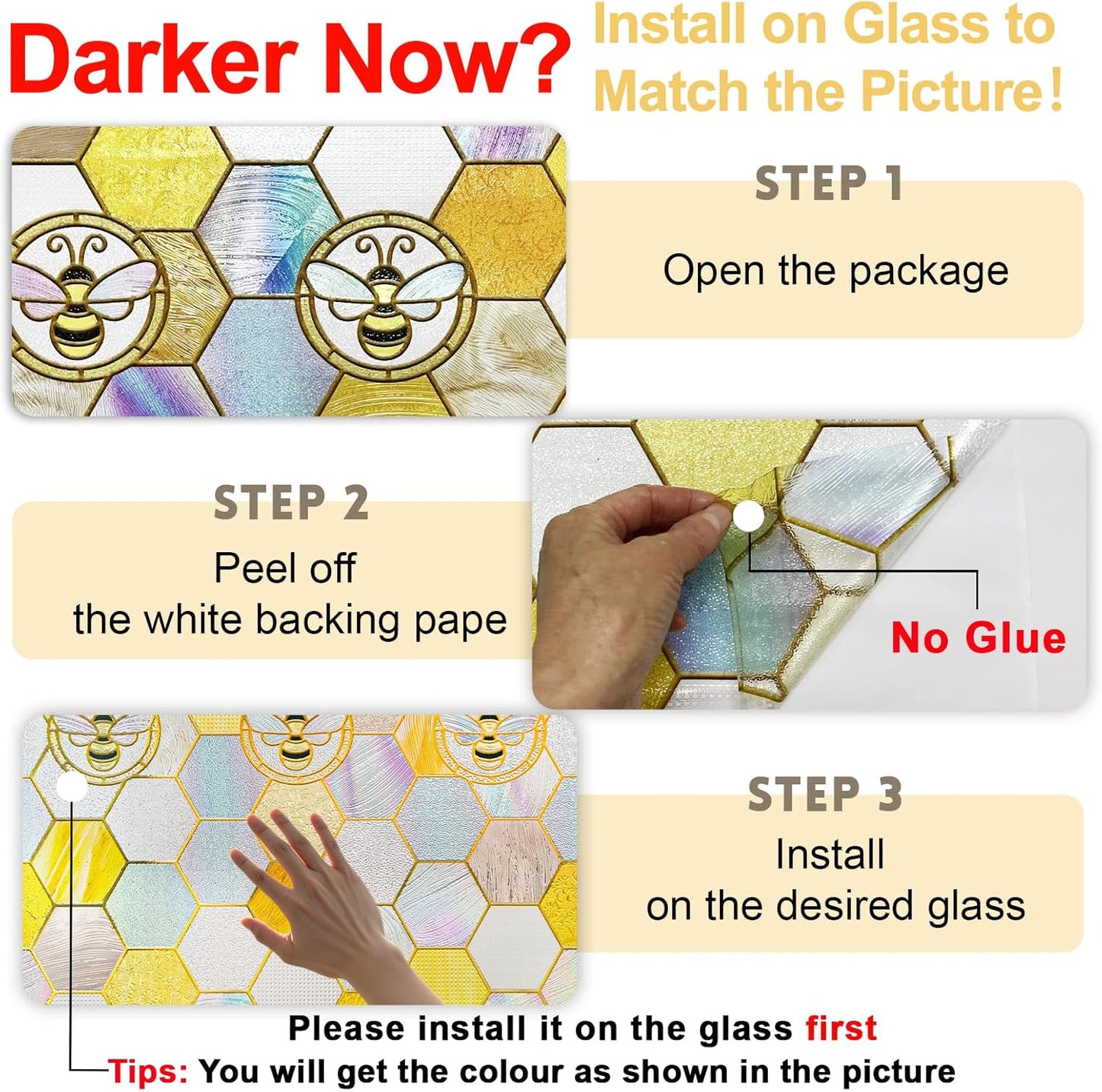 3D Stained Glass Window Privacy Film, Heat Control UV Blocking Static Cling Decorative Window Film for Bathroom,Front Door,Home Non Adhesive, Honey 16.9 x 39.3 inches