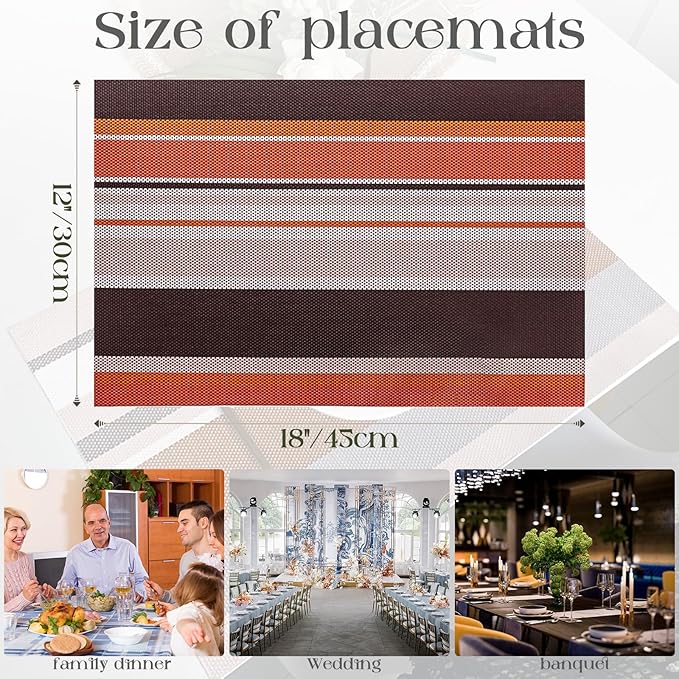 Set of 6 Colorful Striped Vinyl Placemats Heat-Resistant Washable Placemats Non-Slip Woven Table Mats Wipeable Placemat for Kitchen Dining Table Decoration Indoor Outdoor (Autumn Red)