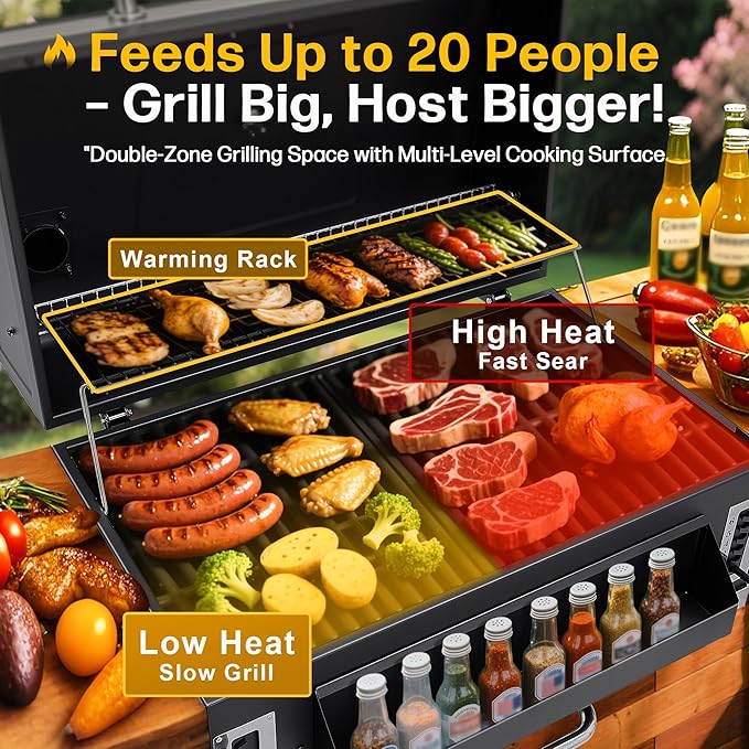 29 In Built-in Barbecue Grill, Charcoal bbq Grills with Liftable Tray, Insulated Hood & Temperature Gauge, Stainless Steel BBQ Barrel for Outdoor Kitchen, Camping, and Park – Black