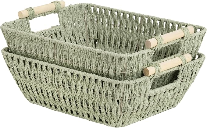StorageWorks Large Wicker Storage Basket for Organizing with Wooden Handles, Toilet Paper Baskets for Shelf, Bosana Green, 2-Pack