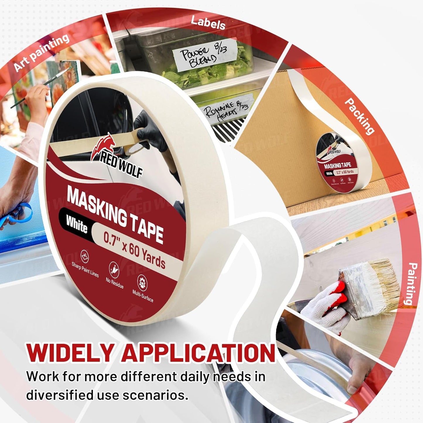 RED WOLF 1.41" x 60 Yards Masking Tape 6 Pack, General Purpose for Painting Arts Crafts Label Car Painting, Sharp Paint Line No Residue Painters Tape White Beige Crepe Paper Tape Heat Resistance